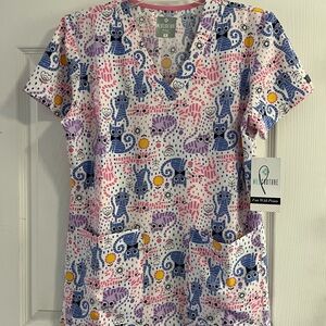 Colorful Cat Print Scrub Top